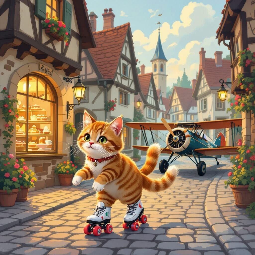 Whimsical Ginger Cat on Roller Skates in European Village