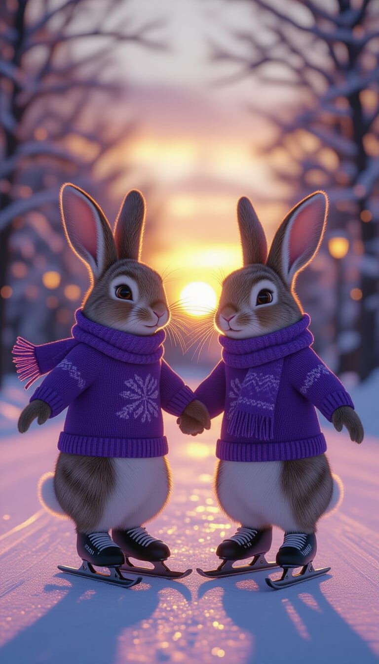 Rabbits Ice Skating at Sunset in Renaissance Style