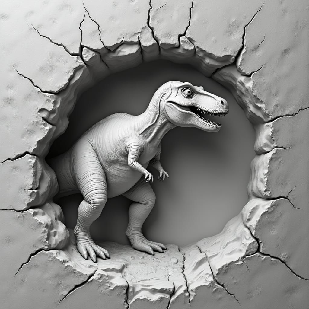 Hyperrealistic Bas Relief Dinosaur in Greyscale
