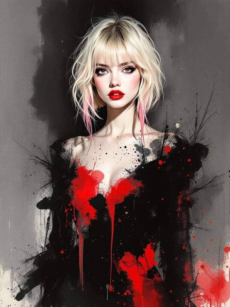 Pin-Up Woman in Sumi-e Ink Wash Style