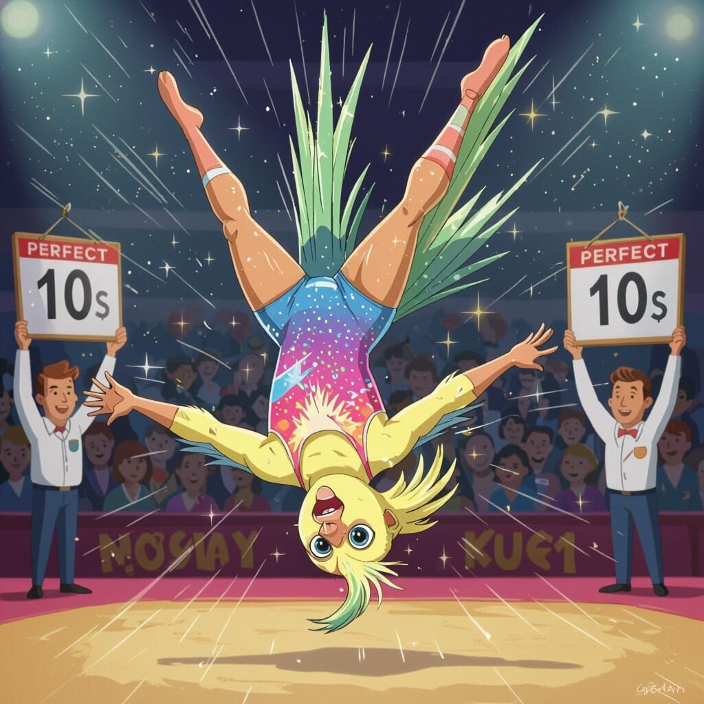 Cartoon Cockatiel Gymnast Performs Perfect Backflip