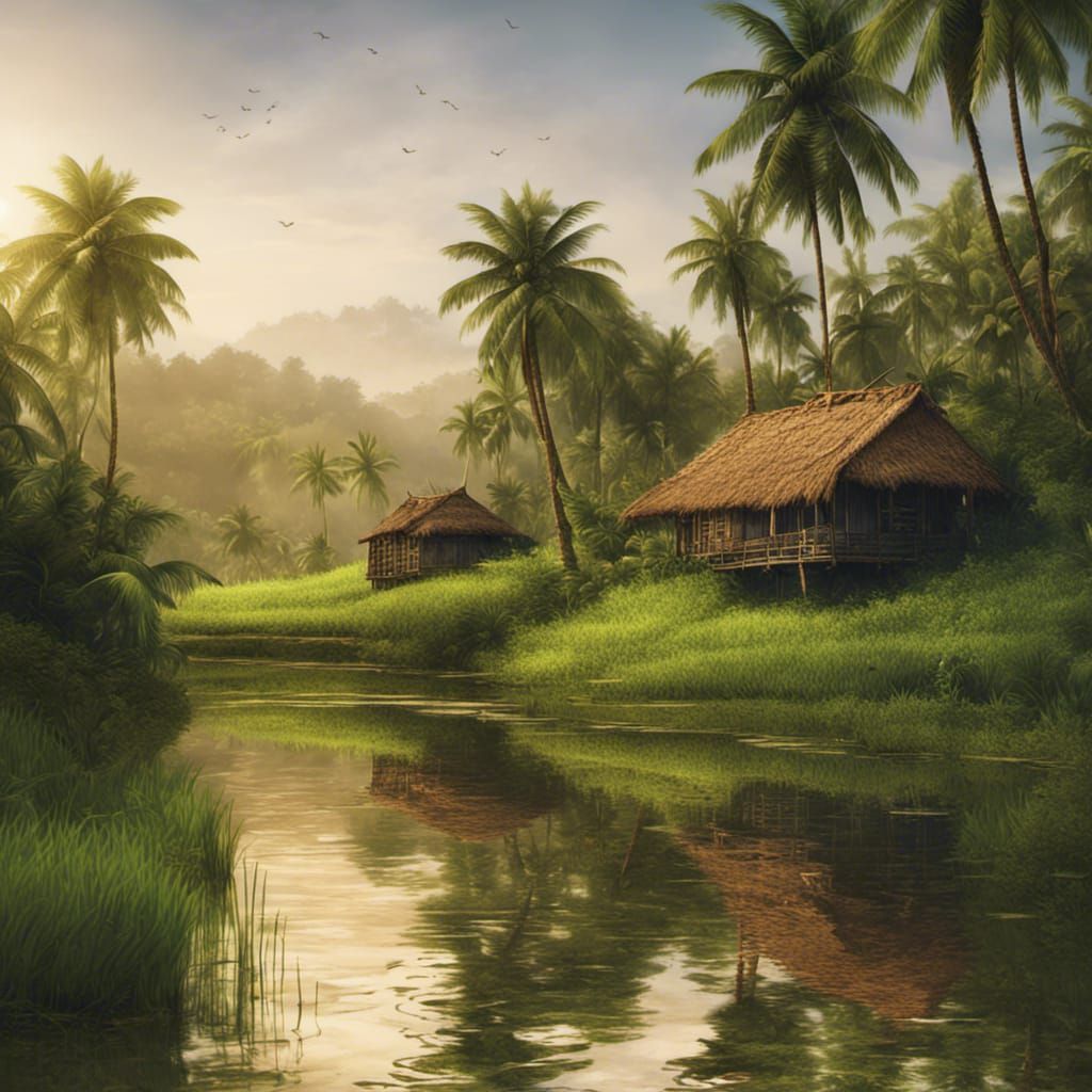 Kerala Village Hut with Paddy Field, Matte Painting
