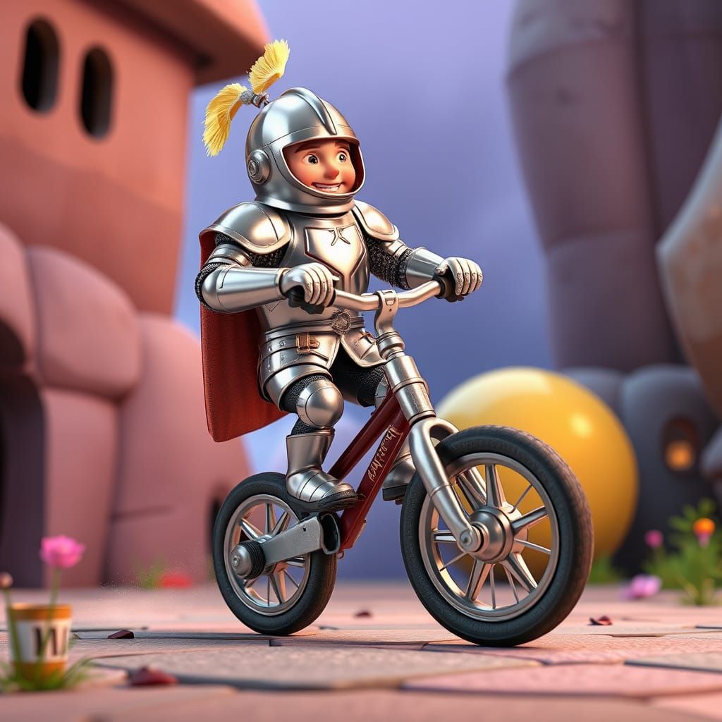 Humorous Knight Fails on Tiny Unicycle in 3D Animation