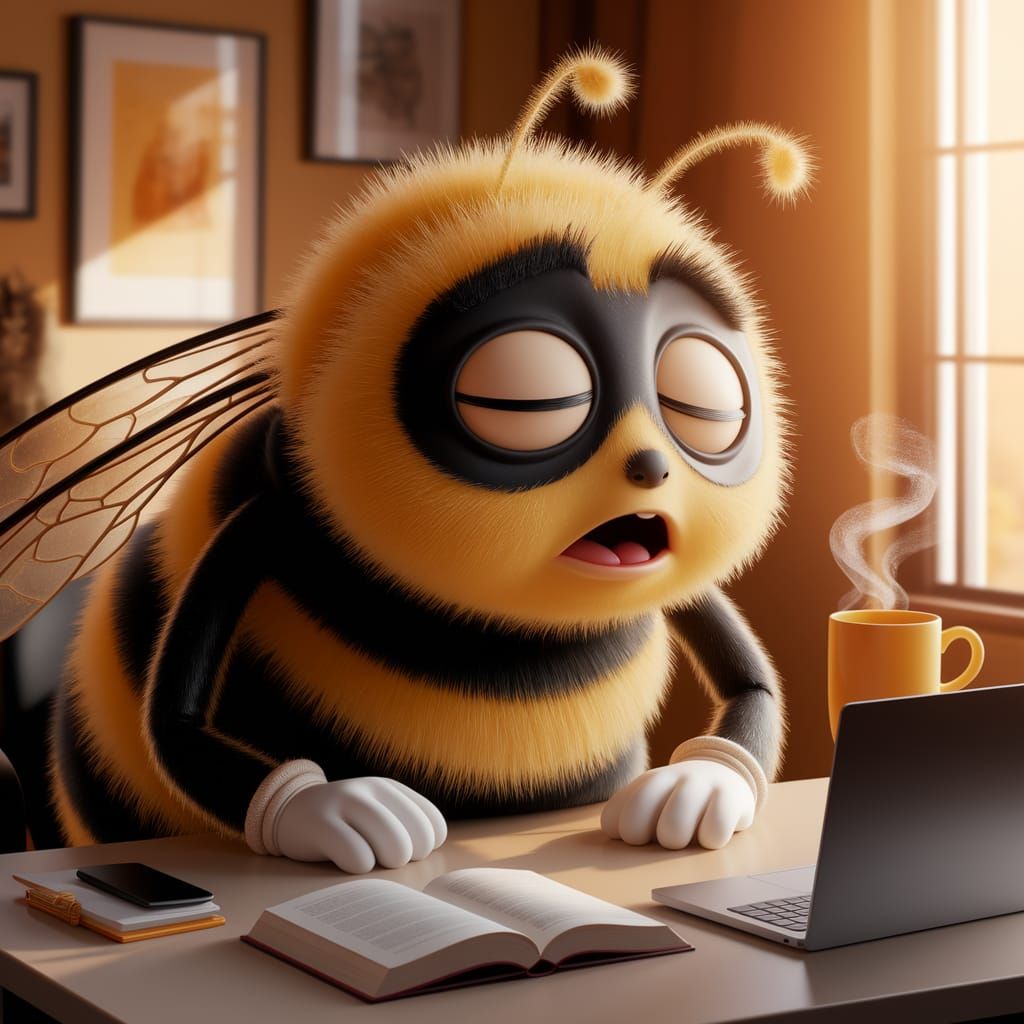Sleepy Bumblebee at Desk: Pixar-Style 3D Illustration