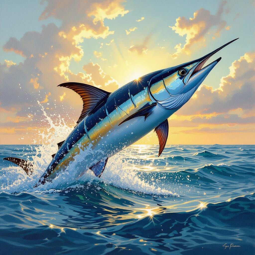 Swordfish Breaching: Oil Painting Wildlife Art