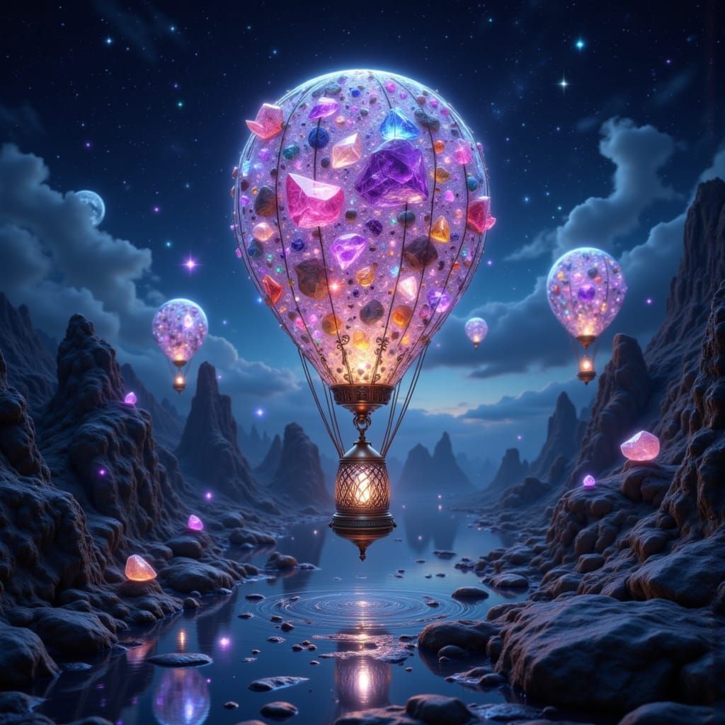 Crystal Balloons Float Over Moonlit Canyon