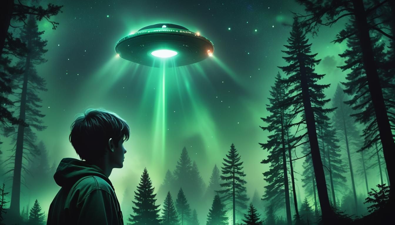 Boy Stares at UFO in Misty Forest, Digital Art