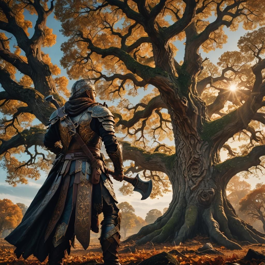 Warrior with Axe Before Ancient Oak in Digital Painting