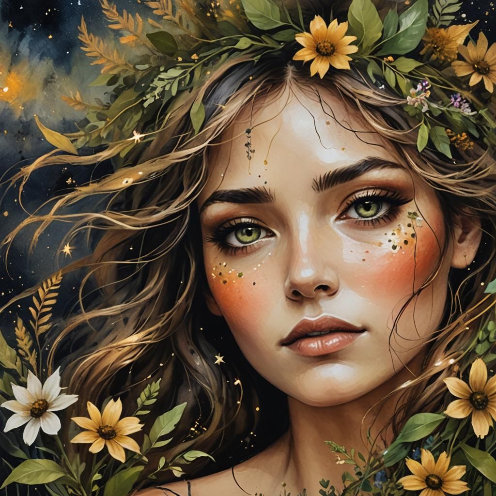 Ethereal Woman with Flowers: Dreamy Mixed Media Art