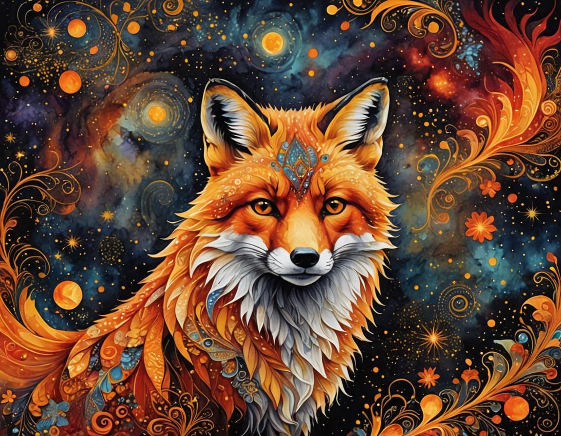 An enigmatic whimsical fox painted with patterns in vibrant ...