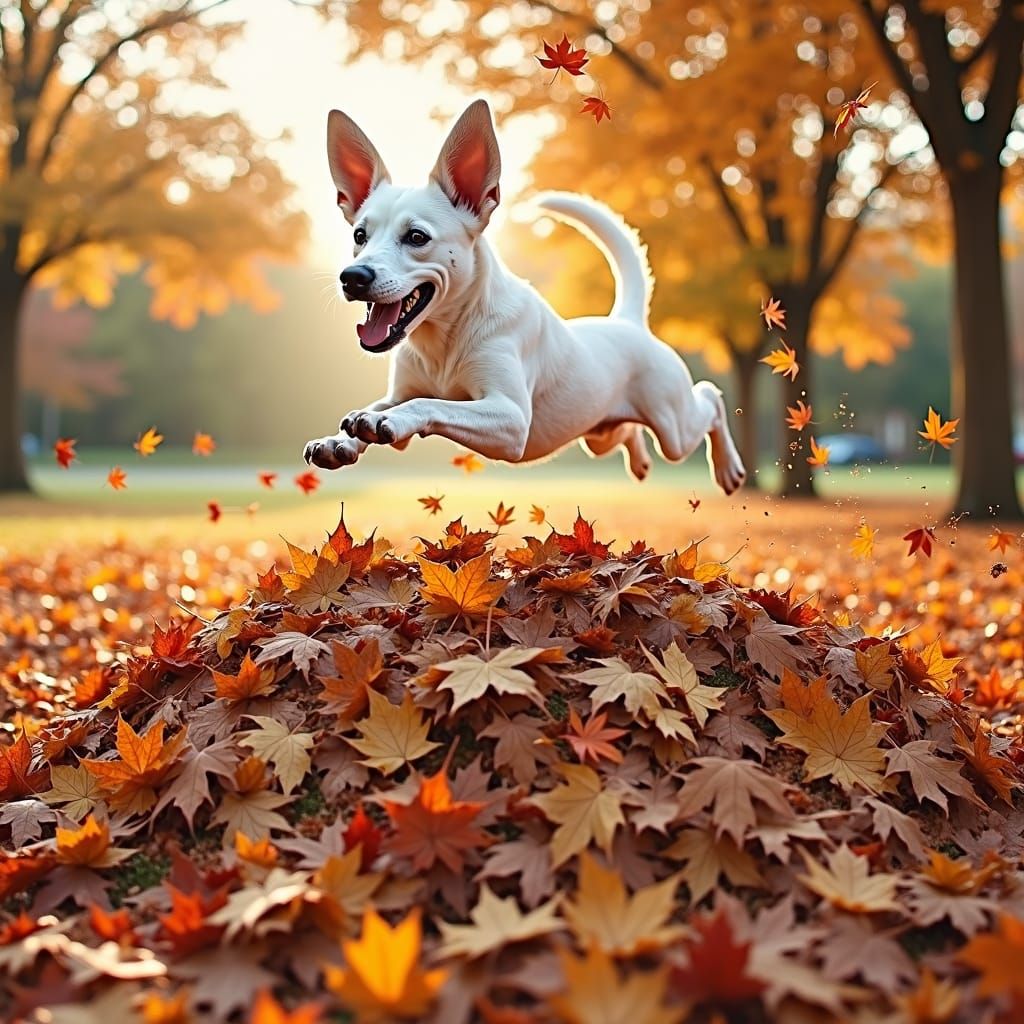 Joyful Dog Diving into Autumn Leaves