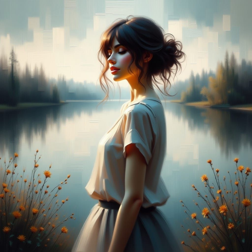 Dreamy Landscape: Impressionist Woman Contemplates the Futur...