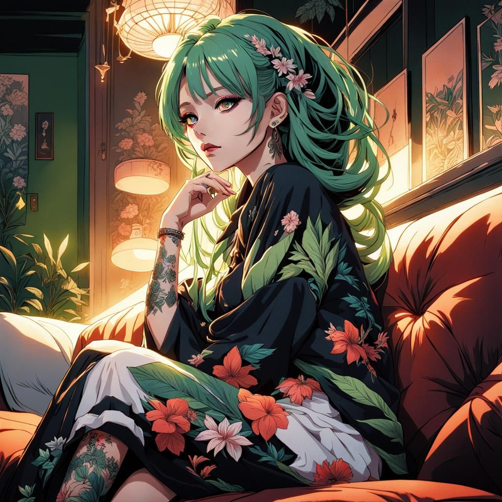 Green-Haired Woman with Floral Tattoos: Anime Style