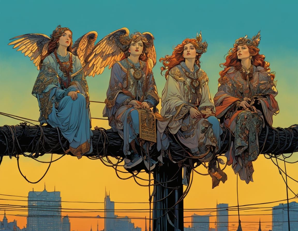 Three Women With Owl Wings on Telephone Wire at Golden Hour