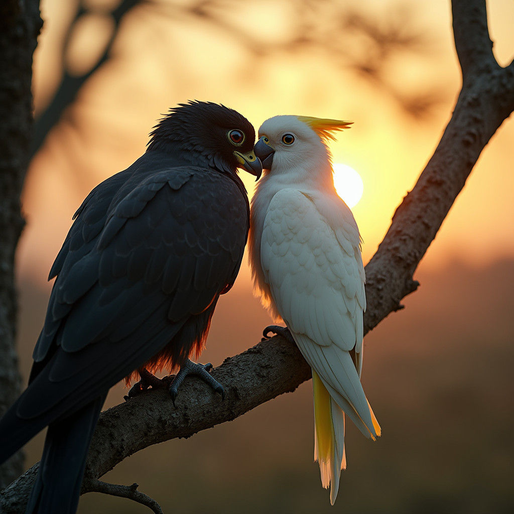 Falcon and Parrot Nuzzling, Cinematic Film Still