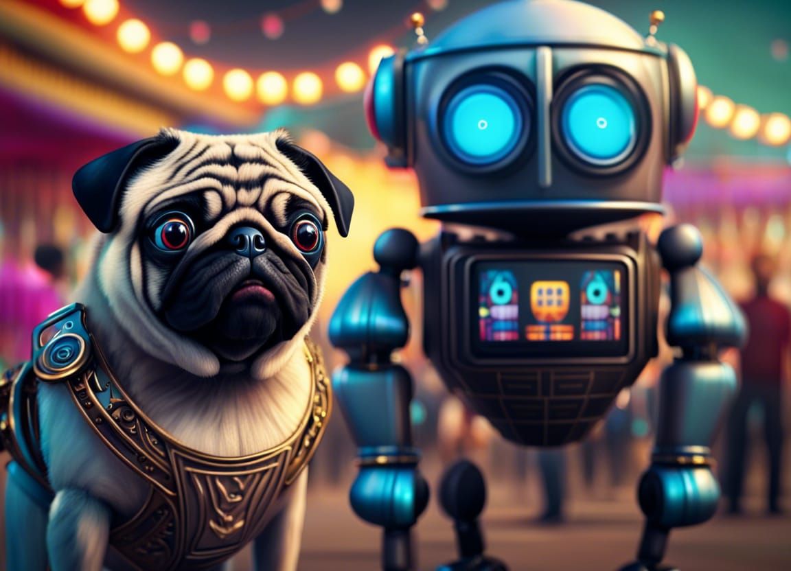 Robot Pug and Humanoid Robot at Carnival