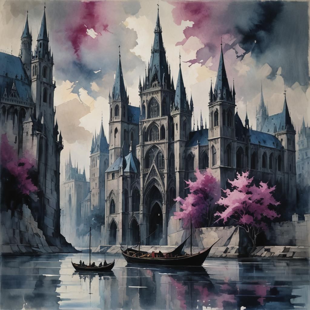 Gothic Cathedral Boat on Night Sea