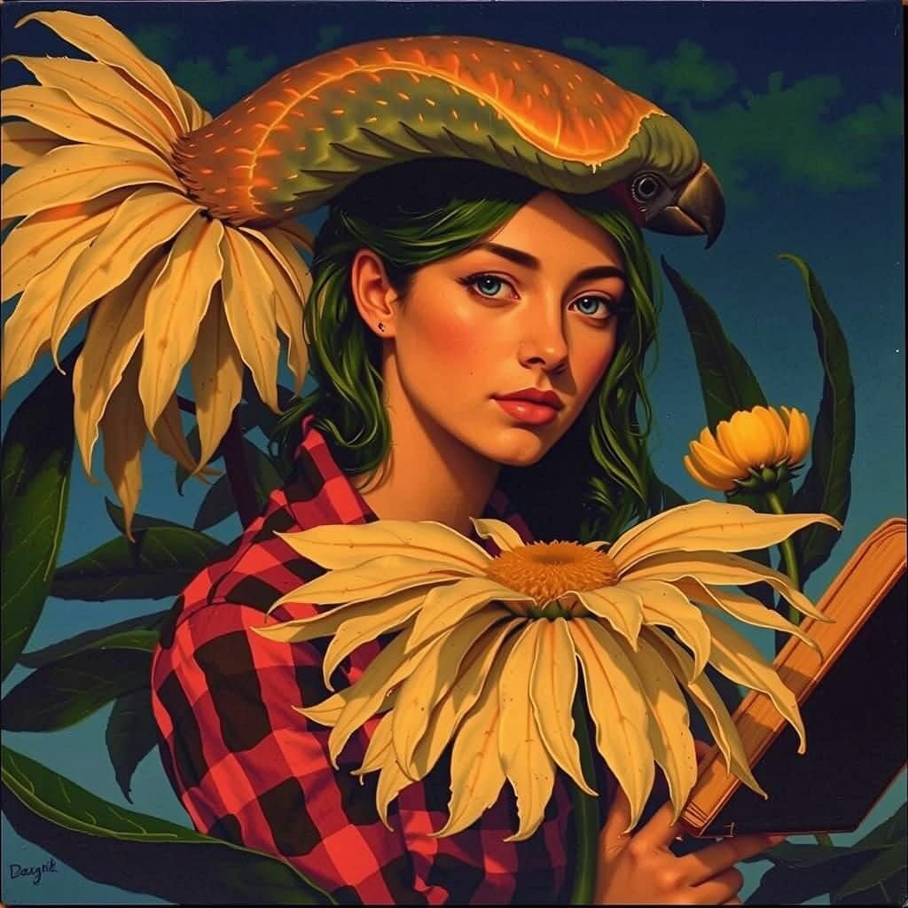 Woman with Teal Hair and Flower in Hyperrealistic Style