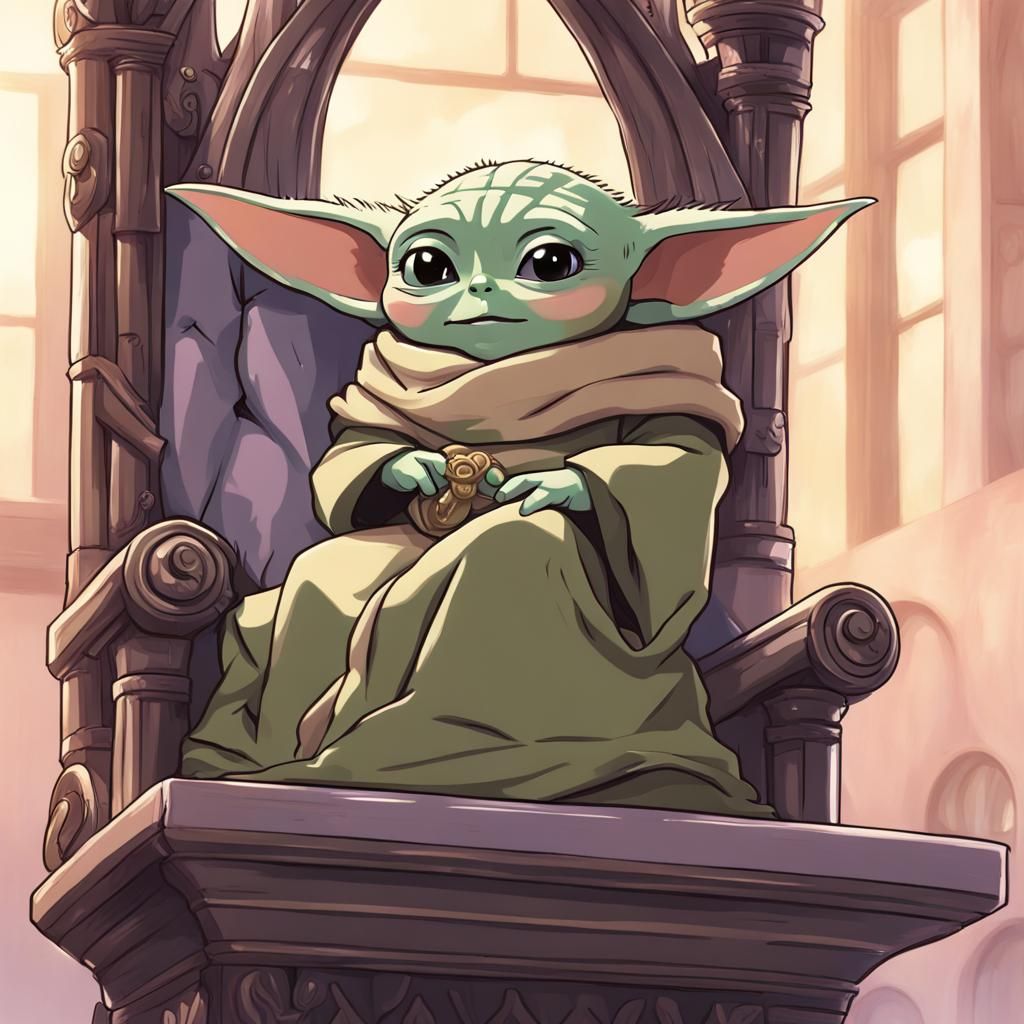 Baby Yoda and Rapunzel on a Throne in Anime Style