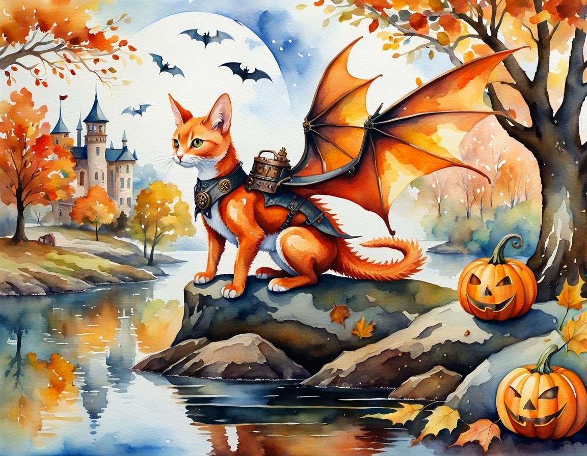 Steampunk Dragon-Cat in Autumn Landscape, Watercolor Paintin...