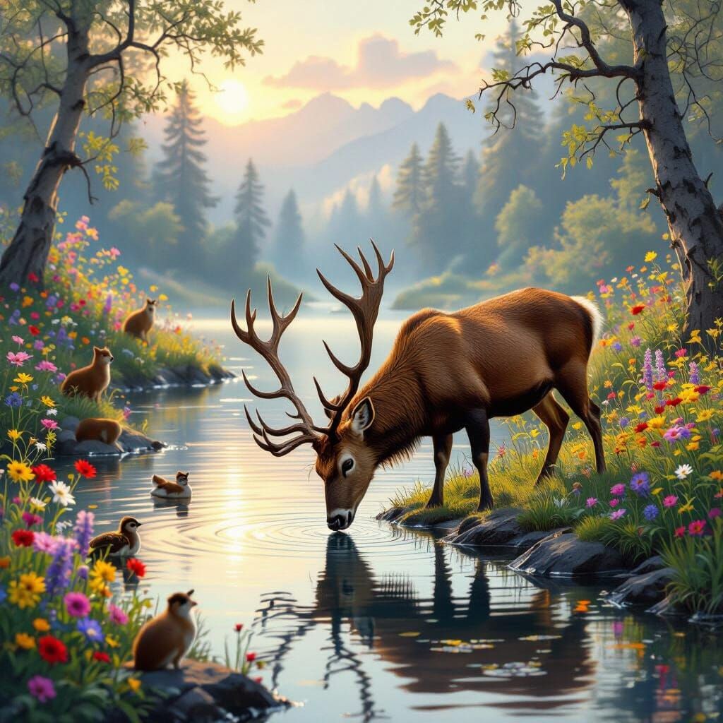Majestic Stag at Dawn Lake with Woodland Creatures