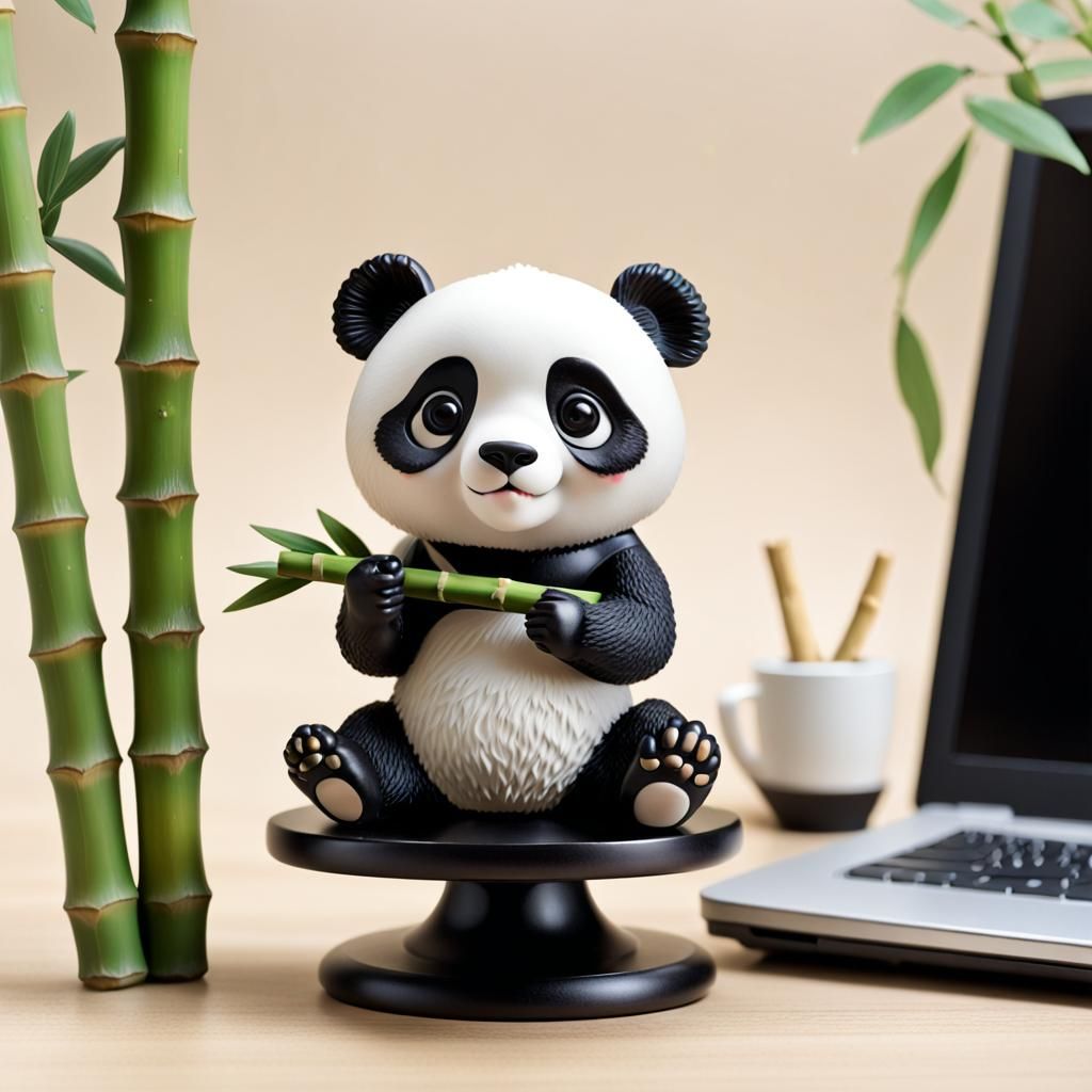 a tiny animal bobblehead panda with a large, bobble head eat...