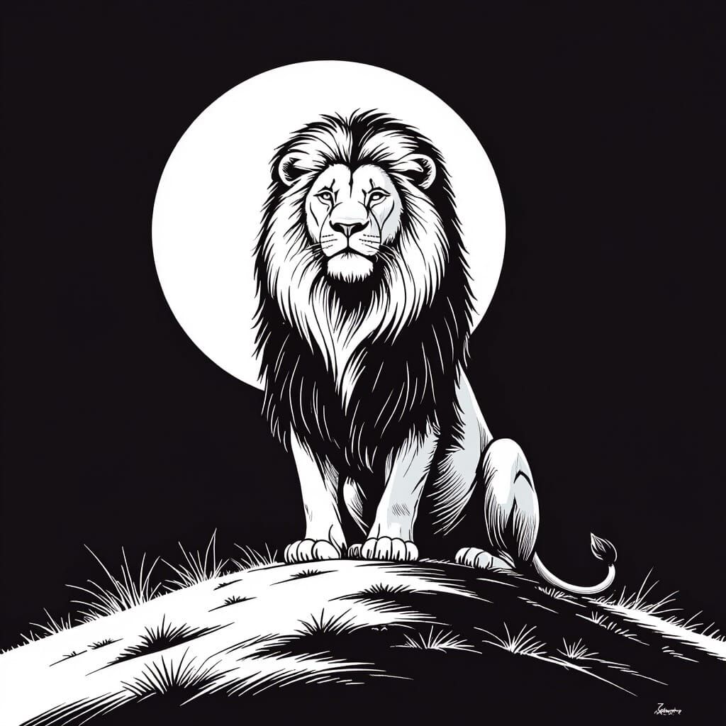 Lion on Hill in Detailed Line Art Style