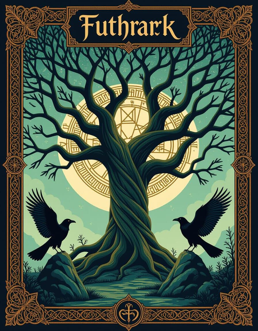 Yggdrasill and Futhark Rune Wheel in Digital Matte Painting