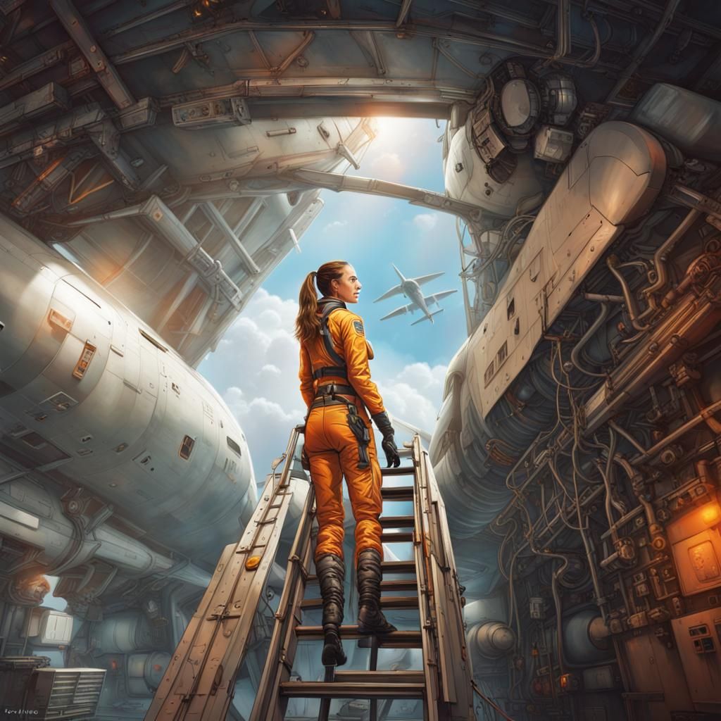 Fighter Pilot Ascends in Hangar: Hyperrealistic Splash Art