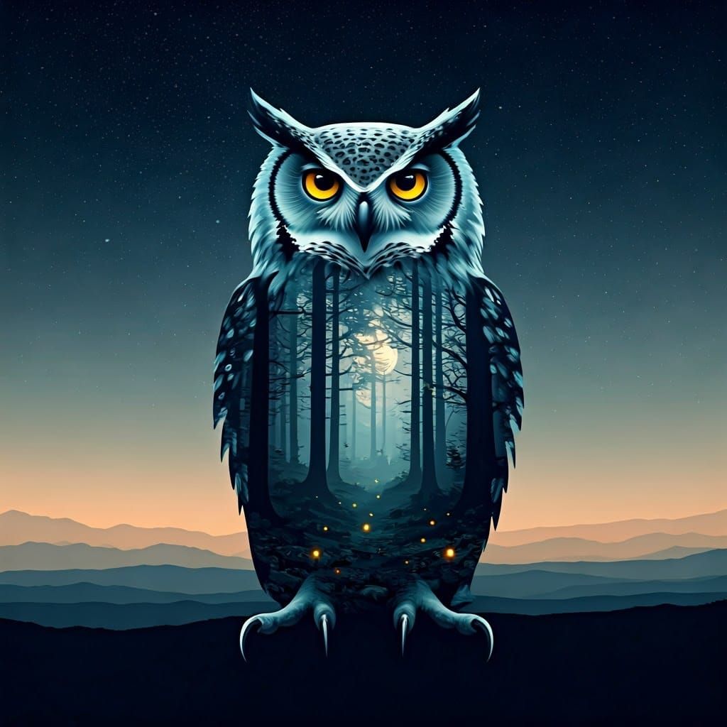 Owl Silhouette Double Exposure with Forest and Moon