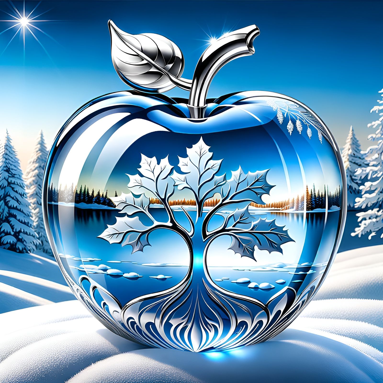 Beautiful Winter Crystal Glass Apple with Ornate Silver Filigree