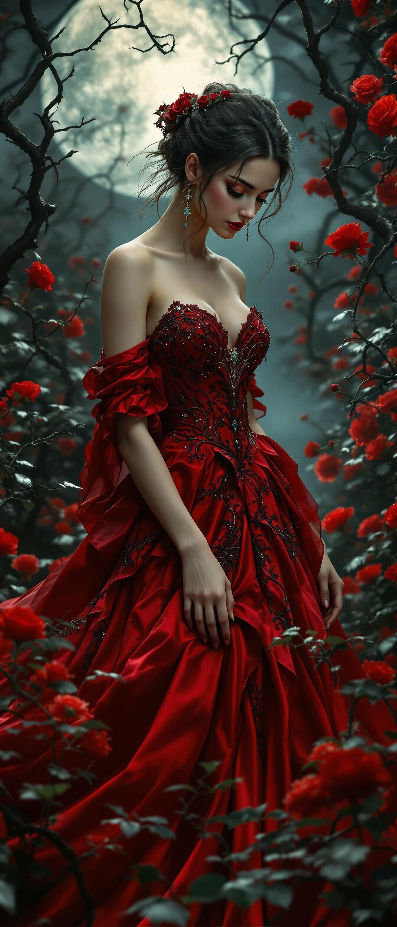 Woman in Crimson Silk Gown in Moonlit Garden