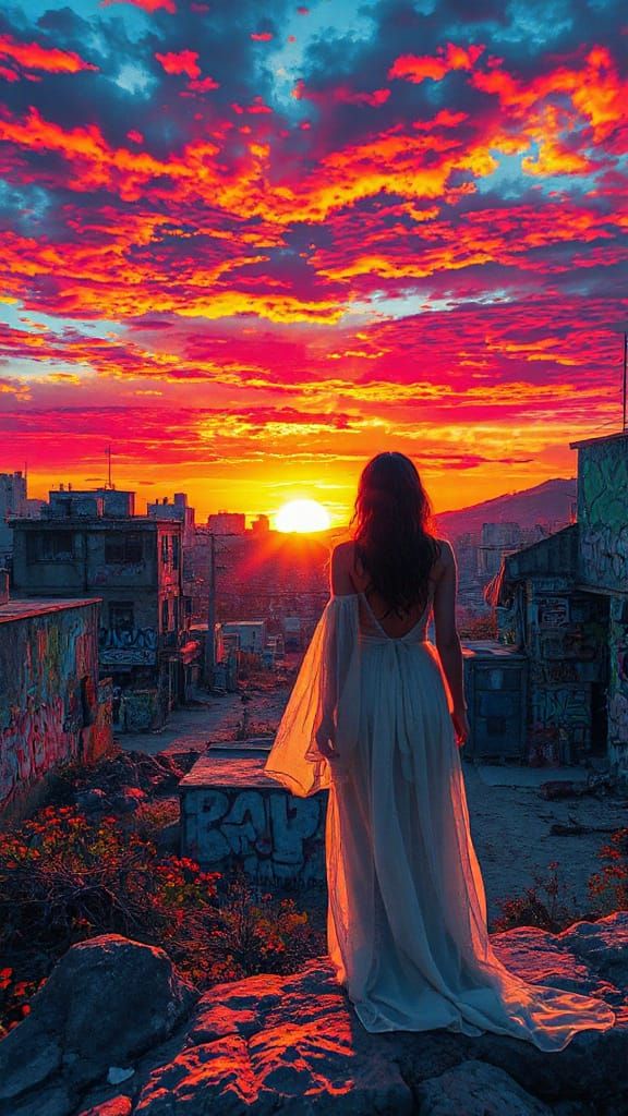 Surreal Woman Witnesses Vibrant Graffiti Sunset
