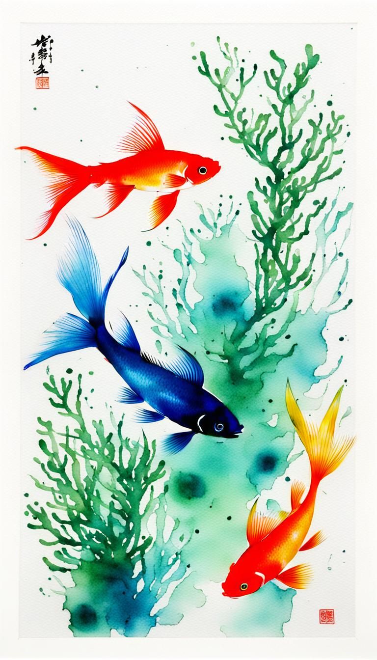 Minimalist Chinese Ink Painting of Colorful Fishes