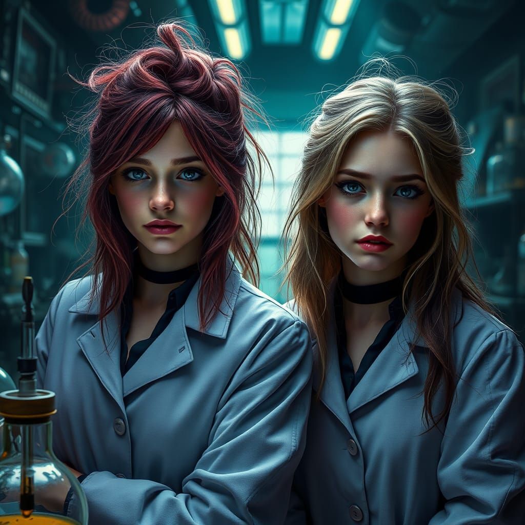 Gothic Science Twins in Hyperrealistic Portrait
