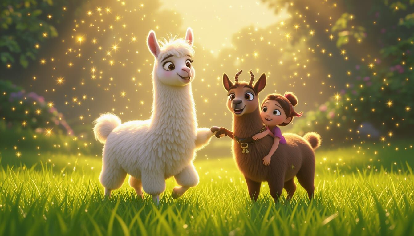 Disney Pixar Style Lama Lands Amidst Golden Sparkles