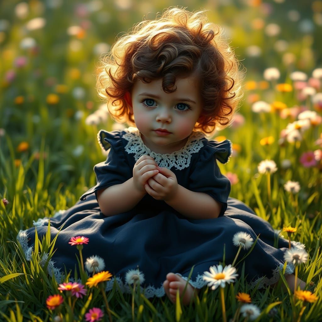 Child in Elegant Dark Blue Dress Sits Serenely on Green Lawn