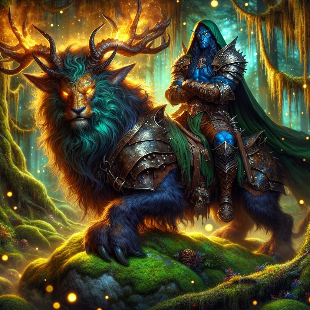 Firbolg Druid on Chimera in Magical Forest