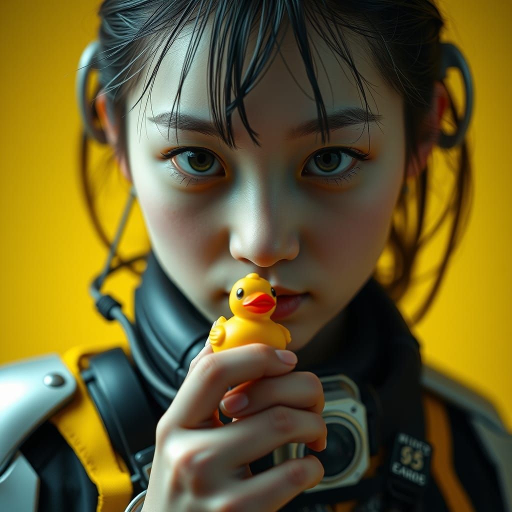 Cyberpunk Cyborg Girl with Rubber Duck Portrait