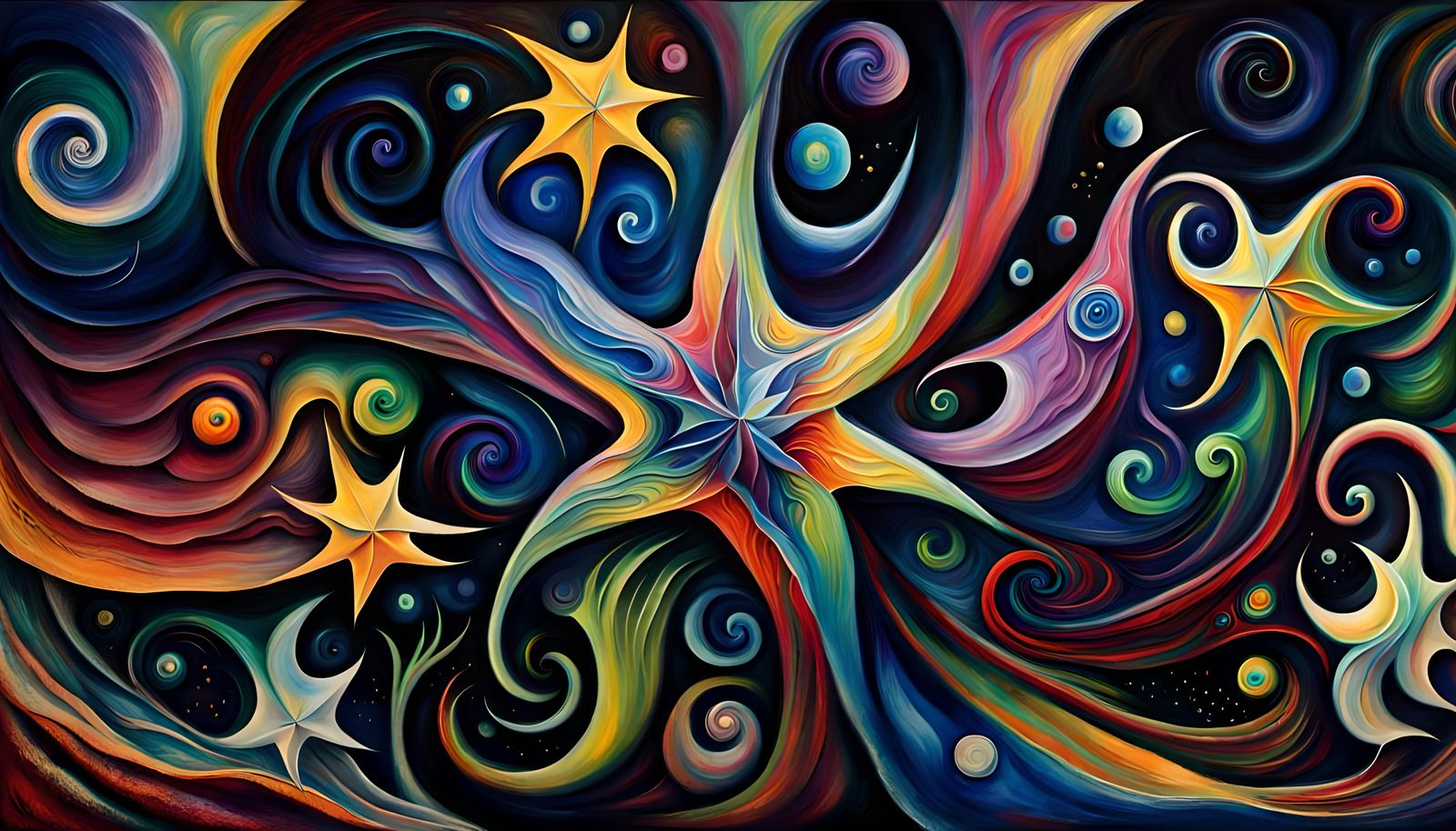 Swirling Star-Beings in Marc Chagall Impasto Oil Painting