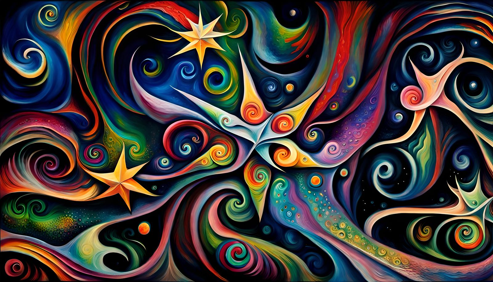Iridescent Star Beings in Chagall-Style Oil Painting
