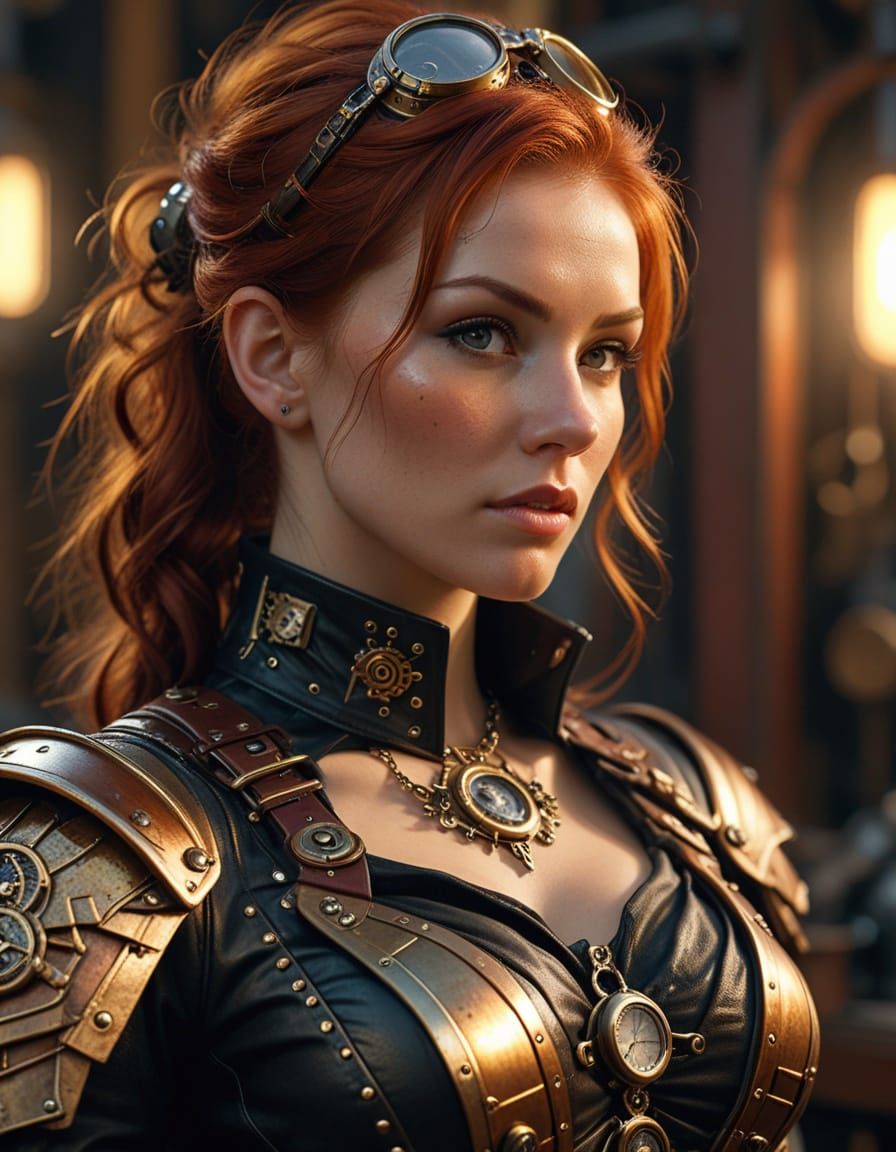 Redhead Space Pirate Captain in Steampunk-Gothic Style