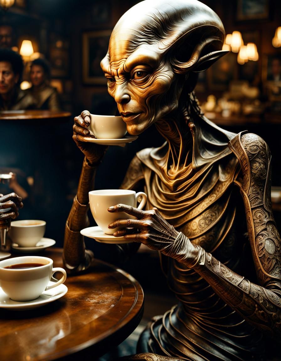 Alien Woman Enjoying Tea: Photorealistic Portrait