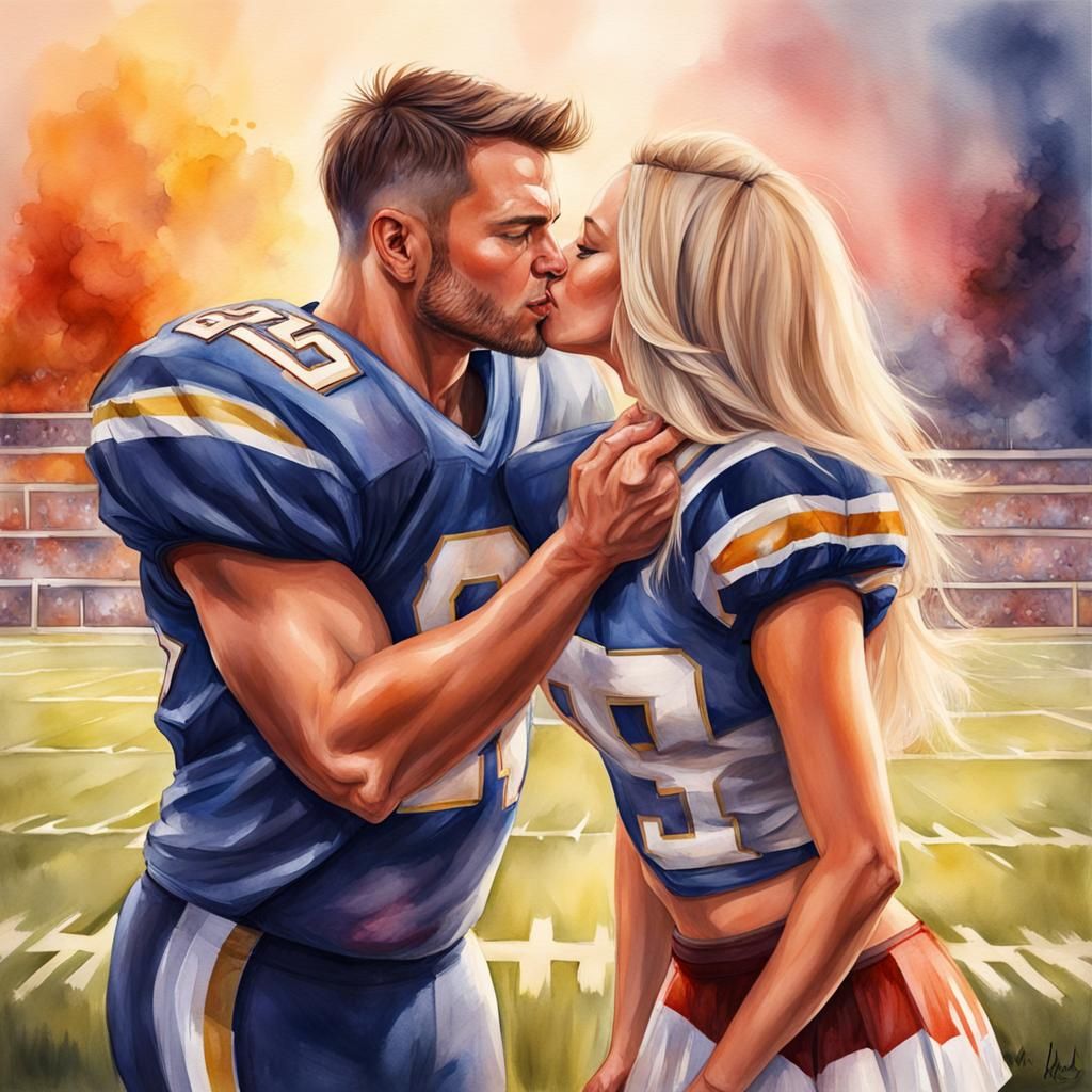 Football Player and Cheerleader, Watercolor Splash Art