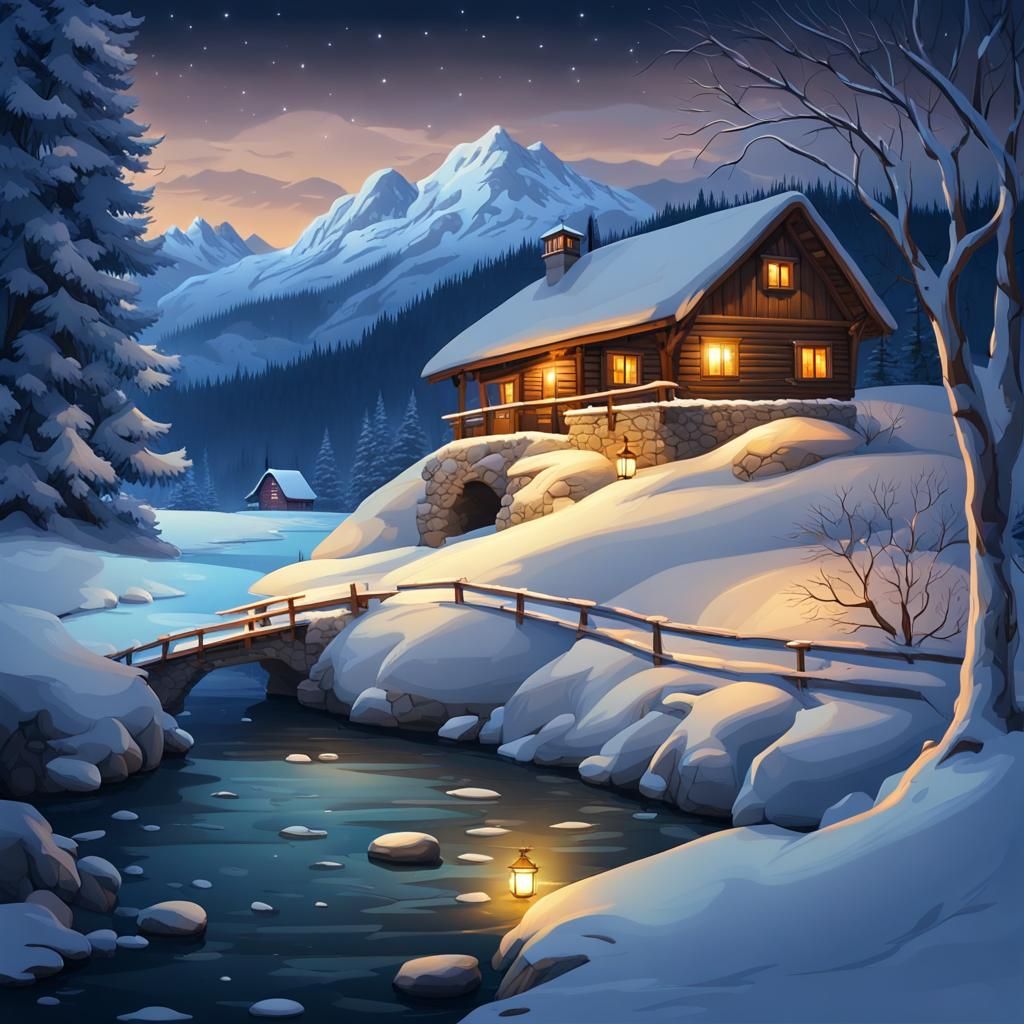 Winter Cabin in Snowy Forest, Luminist Painting