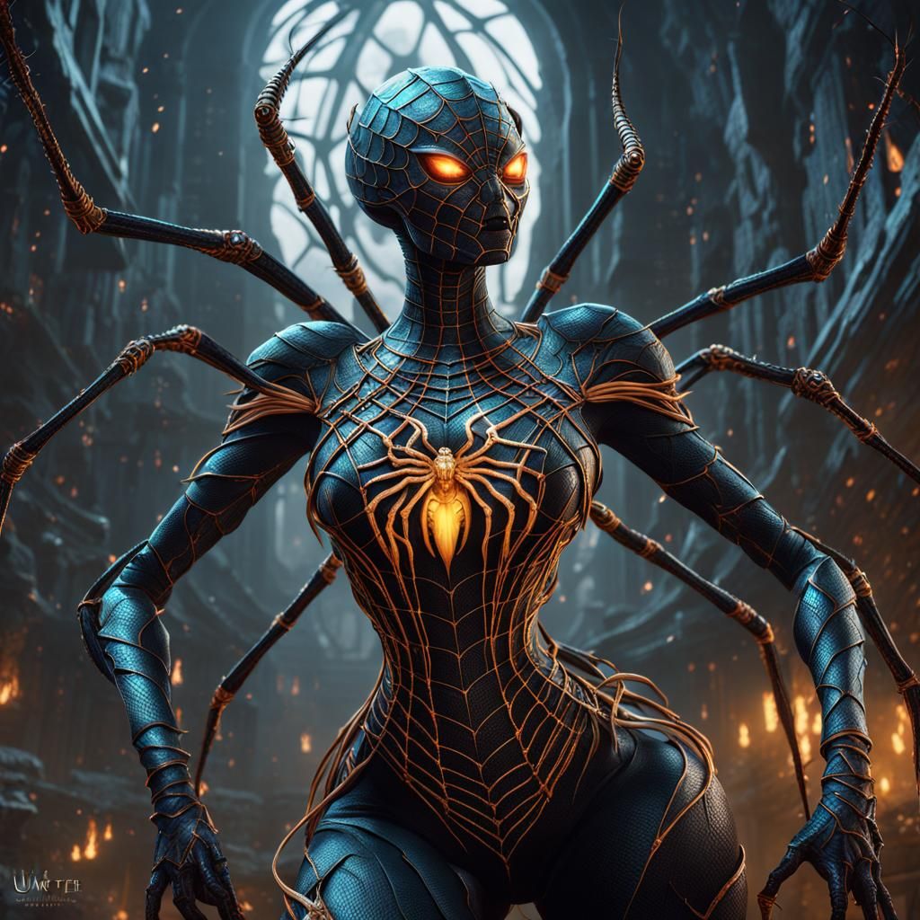 Arachnoid Queen Weaving Web: Fantasy Art
