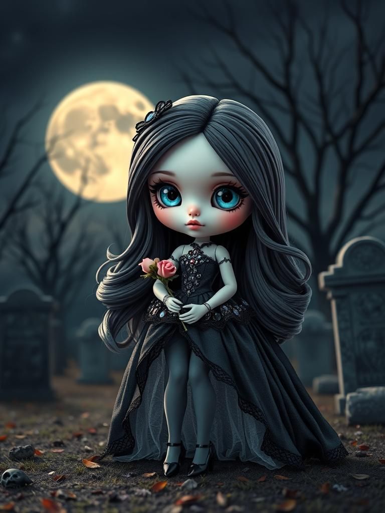 Chibi BJD Doll in Cemetery Under Full Moon