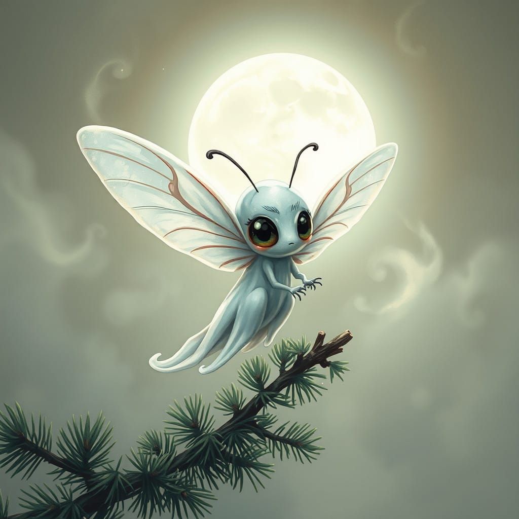 Dreamy Fantasy Scene: Ghostly Moth Girl Under Crystal White...