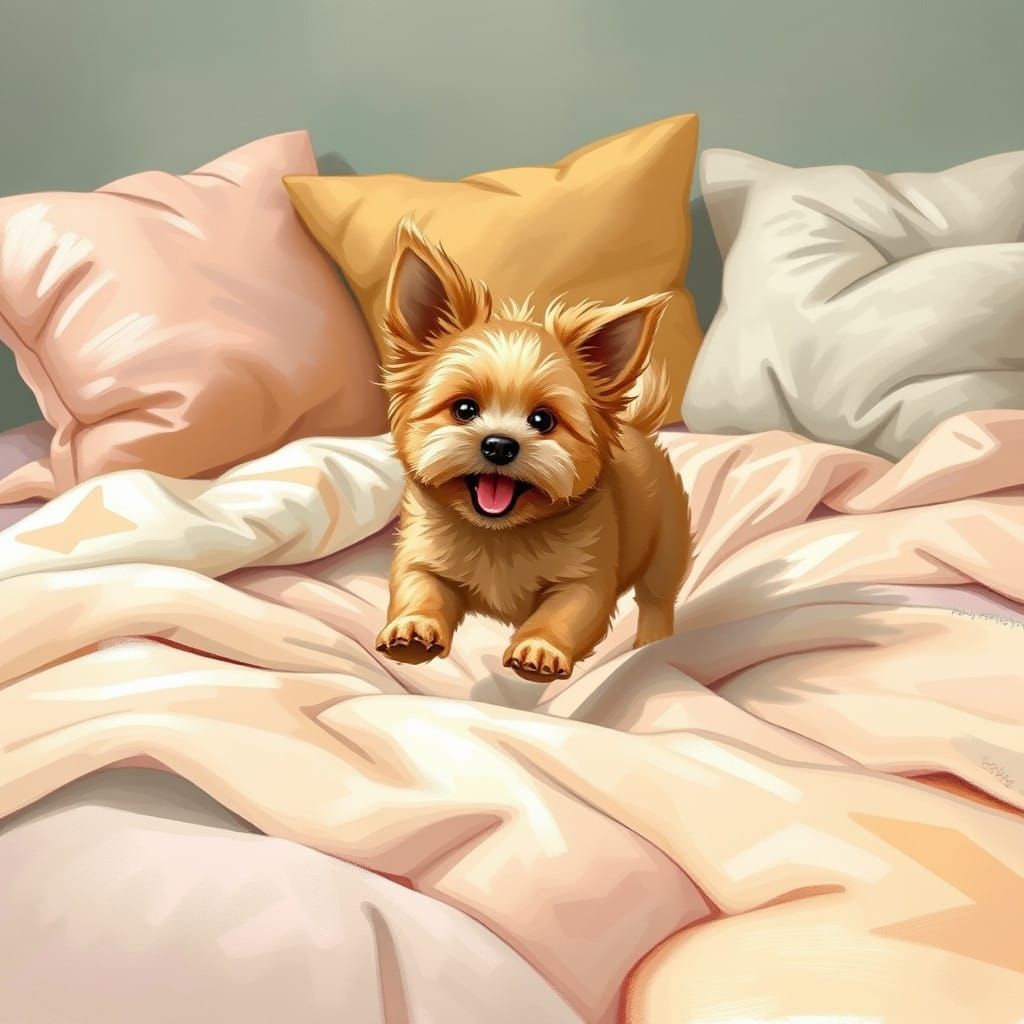 Whimsical Brown Dog in a Cozy Bedroom