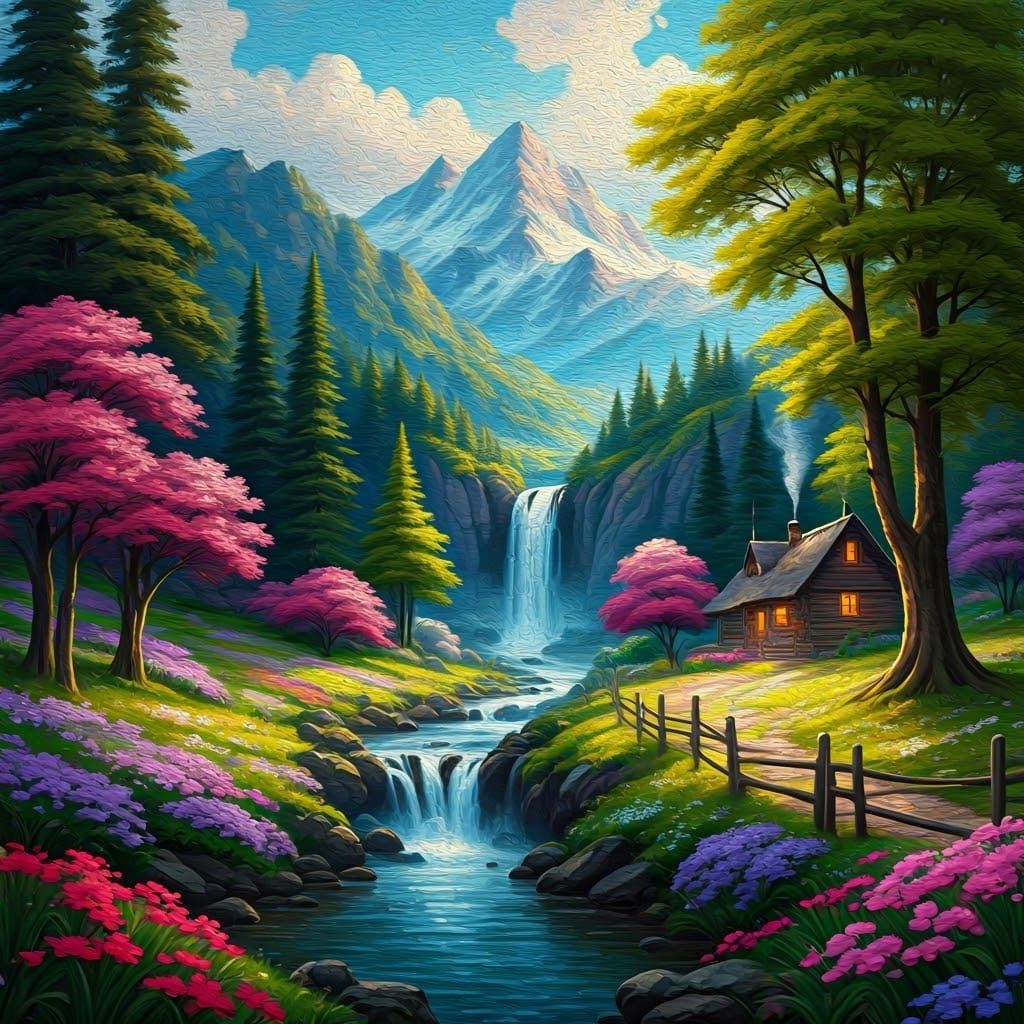 Serene Mountain Landscape with Waterfall and Quaint Cabin in...
